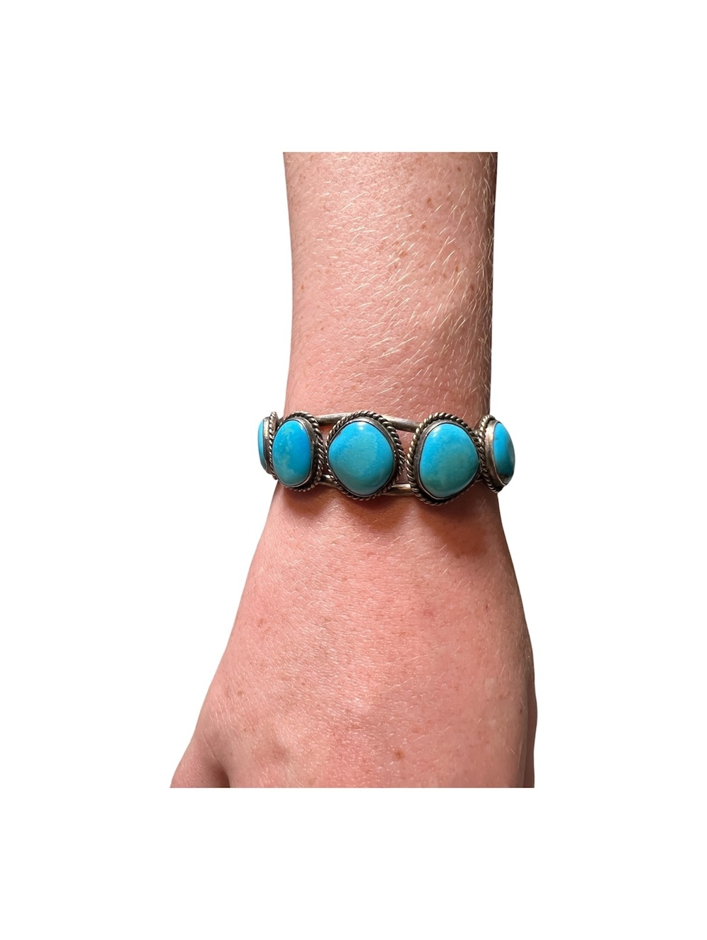 Vintage Five Stone Turquoise Bracelet, Native American, Sterling Silver Cuff